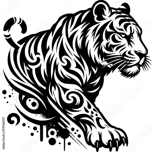 Royal Stripes: A bold black and white illustration of a tiger. This striking artwork portrays the power and grace of the wild cat, its intricate design captivating and commanding attention.