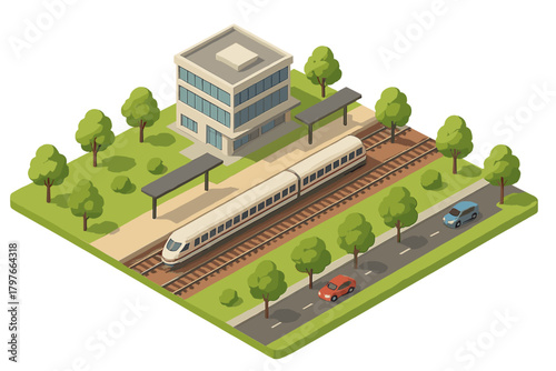 Isometric modern train station complex with high-speed railway and urban landscape