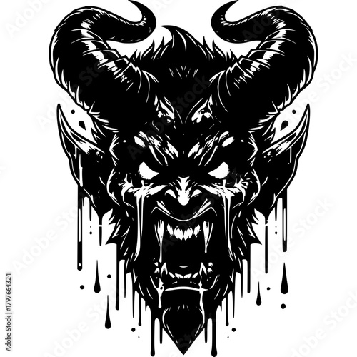 Embodiment of Shadow: A stark, monochromatic illustration of a demonic entity, rendered with striking detail, revealing sharp fangs and ominous horns.