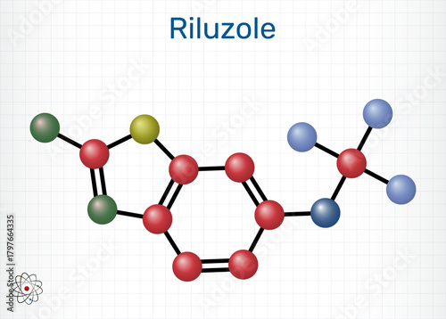 Riluzole benzothiazole neuroprotective drug molecule. Sheet of paper in a cage. Molecular model. Vector Illustration