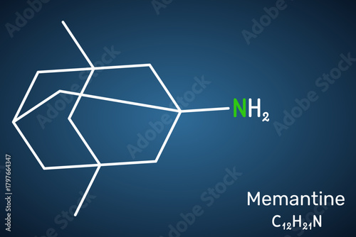 Memantine molecule, NMDA receptor antagonist. Dark blue background. Skeletal chemical formula. Vector illustration