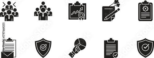 Business and data management icons representing teamwork success security and growth