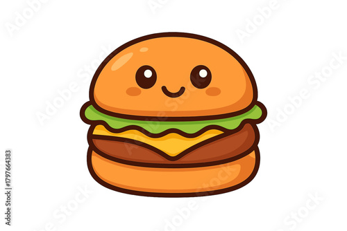 Smiling cheeseburger mascot character with big eyes and rosy cheeks isolated on white