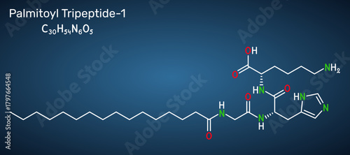 Palmitoyl tripeptide-1, palmitoyl GHK molecule. Anti-aging cosmetic peptide. Skeletal chemical formula. Dark blue background. Vector illustration
