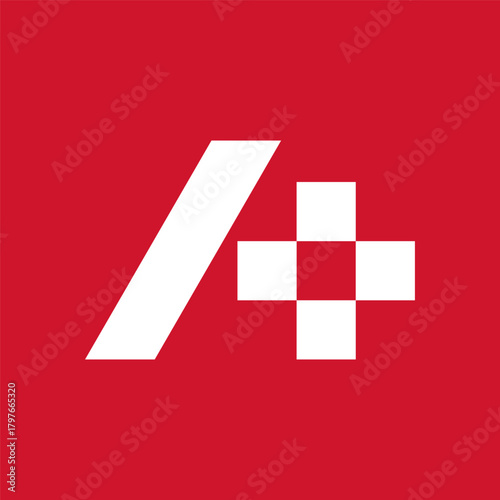 Abstract Red and White Geometric Logo with Slash and Plus Symbol icon flat stock vector