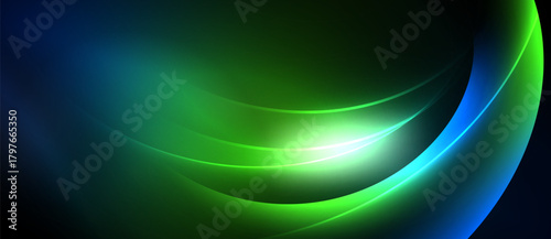 Abstract background features flowing curves, vibrant blues, greens, bright center. Smooth gradients create dynamic visual effect.