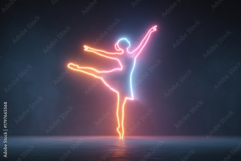 Naklejka premium Ballerina dancer outlined with colorful glowing neon light in a performing pose