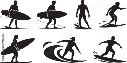 A collection of surfing silhouettes featuring different surf poses and actions. Ideal for sports, adventure, and ocean-themed designs.