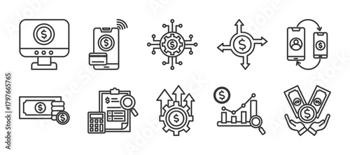 economic icon set collection in outline style. Icon pack contain economic, digital economy, online payment, digital money, transaction, money transfer, money, accounting
, profit growth, economics