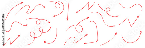 Hand drawn arrows icon set. Sketch curved arrows design. Arrow handmade. Doodle arrows of varios shapes and directions. Pointer and cursor icons.