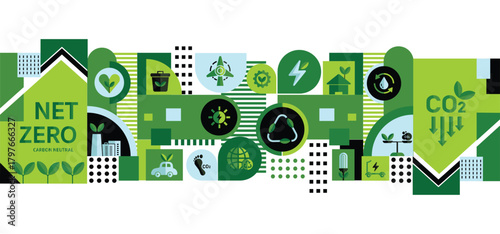 Net zero and carbon neutral concept. Greenhouse gas emissions target. Climate neutral sustainable long term strategy with net zero icons. Environment web banner background vector illustration template