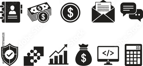 Business and finance icons representing different aspects of company management