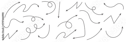Hand drawn arrows icon set. Sketch curved arrows design. Arrow handmade. Doodle arrows of varios shapes and directions. Pointer and cursor icons.