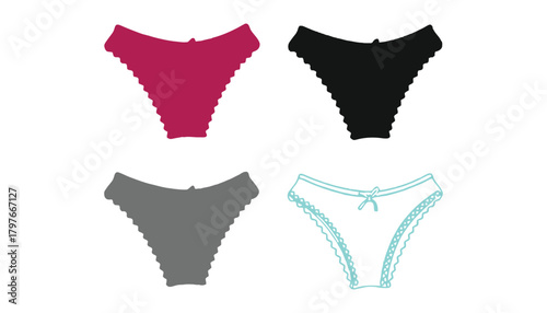 Four pairs of women's underwear in pink black grey and outline drawing