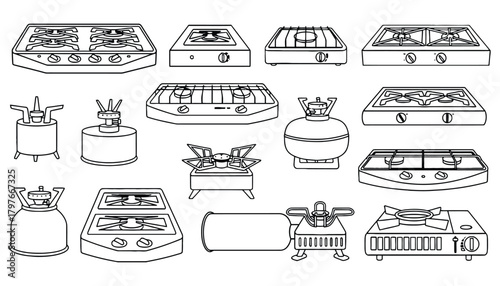 Illustration of various stoves and burners in black and white outline