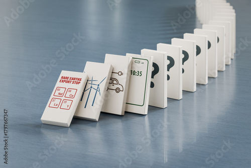 Concept: Domino effect of restriction of export of rare earths on wind turbines, electric vehicles, smartphones and other goods. Dominos falling.