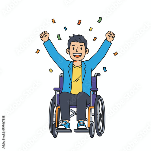 Overjoyed Man in Wheelchair Celebrates with Raised Arms Amidst Confetti Showers