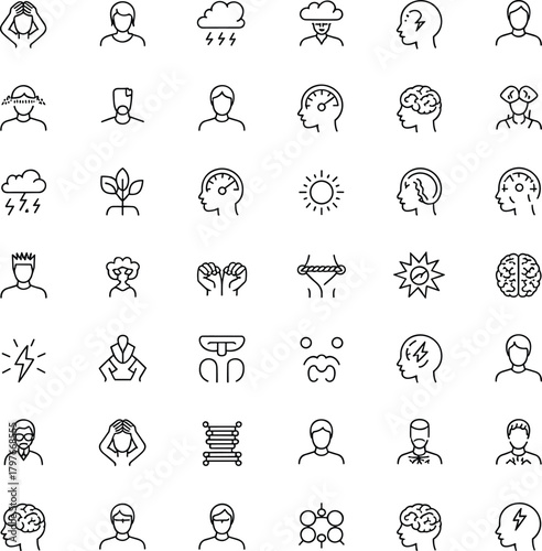 Psychology and Mental Health Outline Icon Set, Brain, Stress, Thinking, and Human Mind Vector