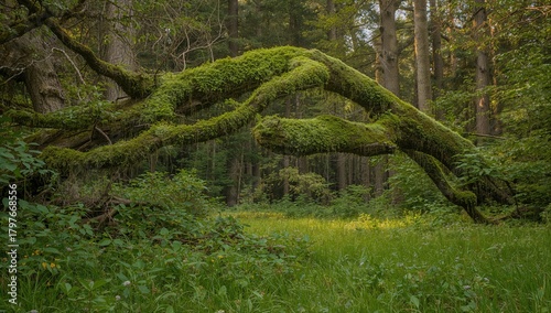 Moss Covers Decaying Tree, highlighting natural decay and ecosystem renewal