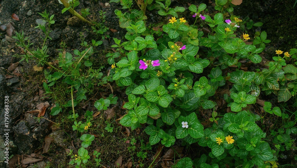 Fototapeta premium Small plants thriving in rocky damp environments, showcasing resilience