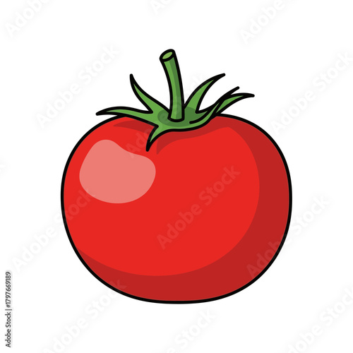 Vibrant Red Tomato with Green Stem and Leaves Illustration.