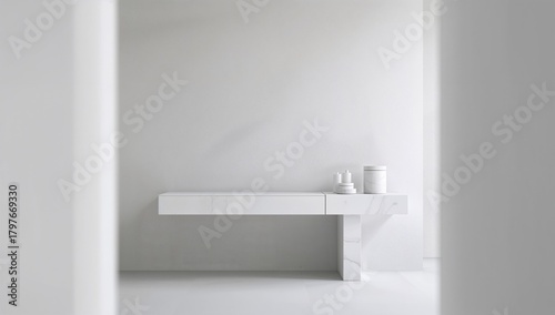 Wallpaper Mural Modern white bathroom table featuring marble containers, ideal for minimalist design Torontodigital.ca