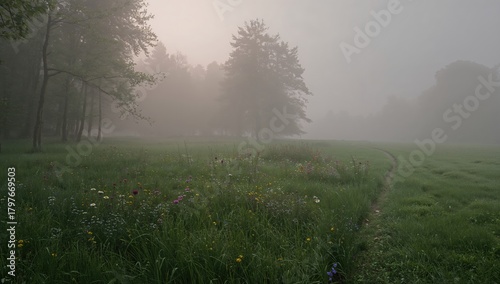 Fototapeta Naklejka Na Ścianę i Meble -  The misty meadow landscape within the forest, showcasing seasonal change