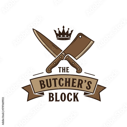 The Butchers Block Logo with Crossed Knives and Crown Design.