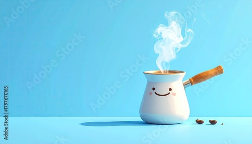 Cute smiling coffee pot brewing hot beverage with steam rising against a bright blue background with coffee beans scattered nearby