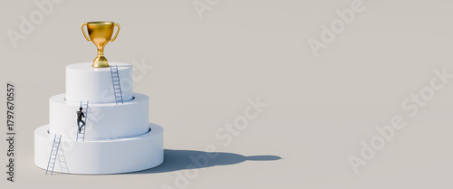 Man climbing ladders leaning against concentric cylinders up to golden trophy as the final goal. Career, competition, corporate ladder concept. Web banner format with copy space