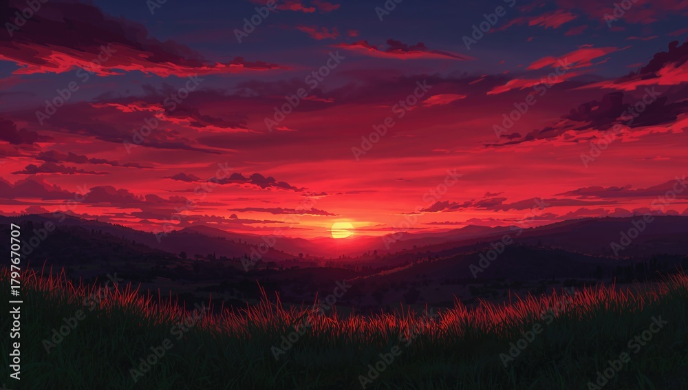 Fototapeta premium Scarlet sunset over mountain scenery in anime style, showcasing a digital painting of dawn and dusk with clouds and hills, romantic visual backdrop