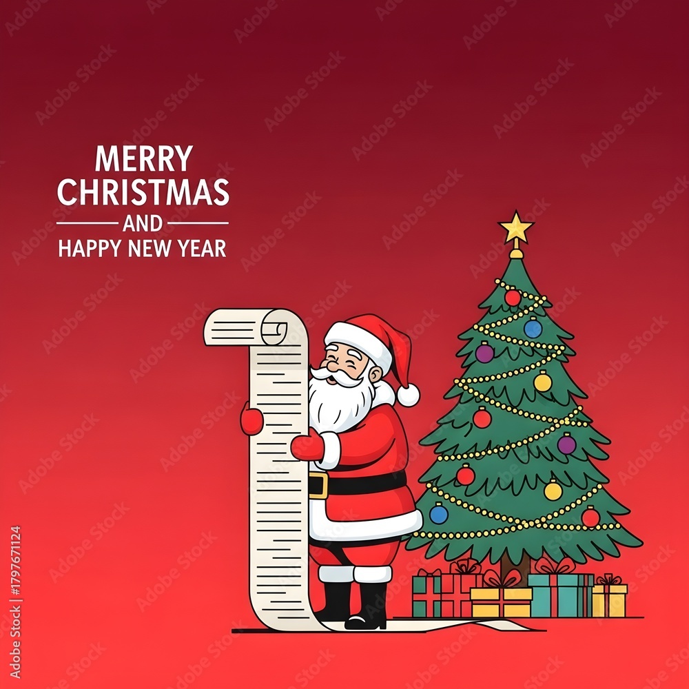 Obraz premium Santa claus holding a long list of presents next to a decorated christmas tree with gifts
