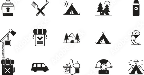 Camping Adventure Icons Set Outline Vector Illustration for Outdoor Activities