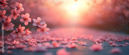 Cherry blossoms in full bloom at sunset create a serene landscape filled with petals ai, cherry, blossoms, sunset, flowers, pink, petals, pathway, nature, spring, tranquil, blooming, landscape, beauty