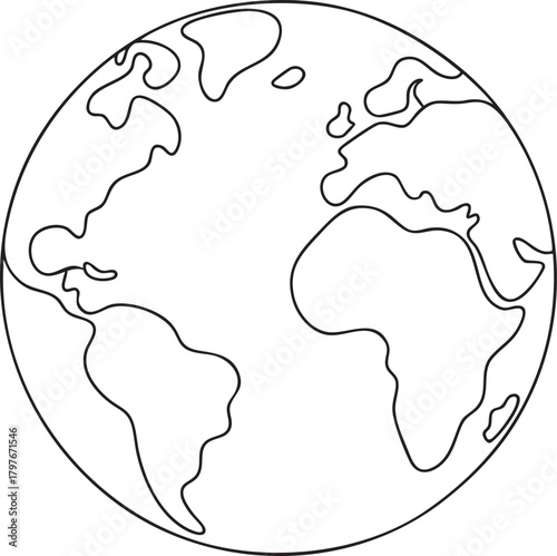 Earth globe outline illustration showing continents, minimalist world map for travel, geography, and education