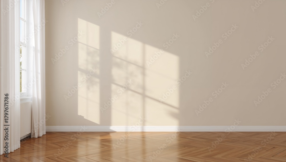 Fototapeta premium A bright room with sunlight and window shadows on a beige wall, showcasing the serene interplay of light and texture