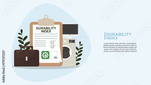 Durability Index banner. Durability index evaluation concept featuring clipboard, checkmarks, and rating badge, ideal for quality control, product testing, or consumer reports. Vector illustration