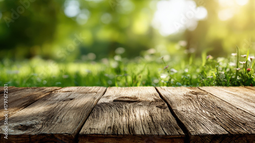 Fototapeta Naklejka Na Ścianę i Meble -  Wooden table with blurred green meadow and sunlight creates serene and natural atmosphere