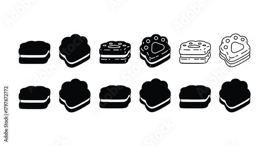 A collection of colorful sandwich cookies with various designs shown