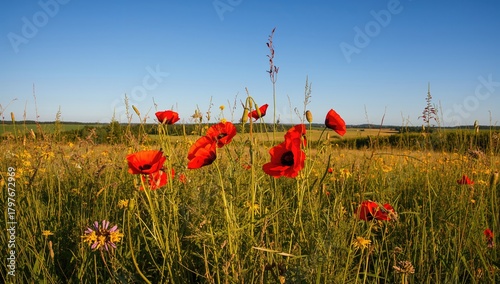 Fototapeta Naklejka Na Ścianę i Meble -  Vibrant summer meadow adorned with poppies under a clear sky, seasonal change