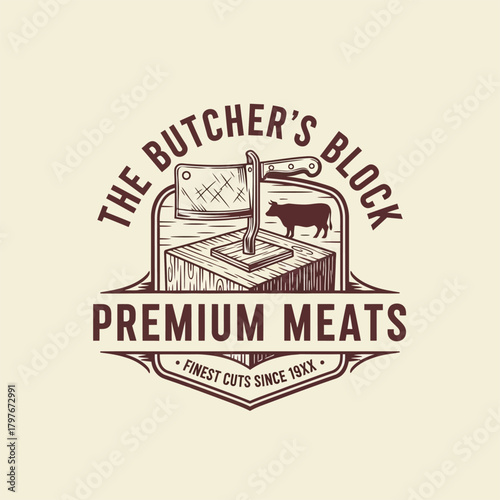 The Butchers Block Premium Meats vintage logo design.