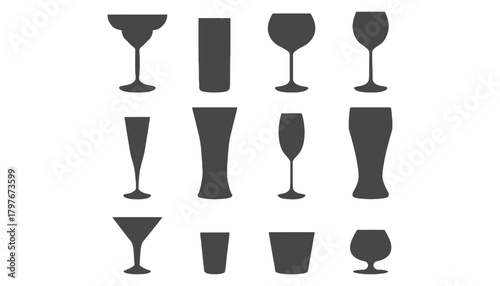 Collection of various types of drinkware silhouettes on white background