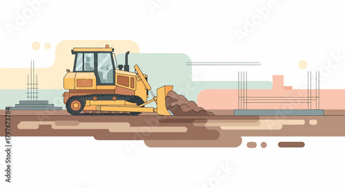 Bulldozer At Construction Site Illustration With Abstract Geometric Shapes