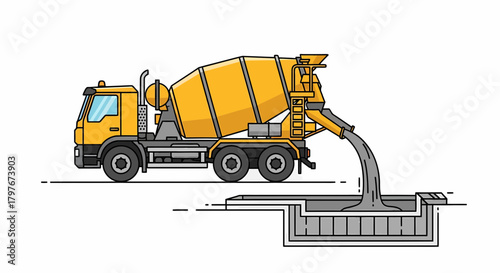 Concrete Mixer Truck Pouring Cement Into Foundation Construction Site