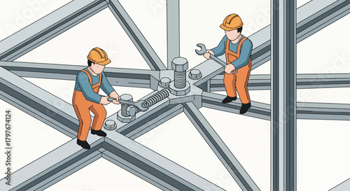 Construction Team Working On Steel Framework With Wrenches Illustration