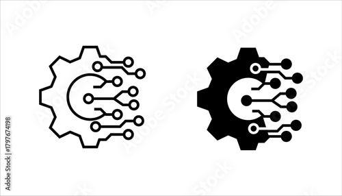 gear-circuit-technology-icon set. Dual-style icon showing a gear combined with digital circuit lines, symbolizing technology integration, automation, innovation, digital engineering, and modern machin