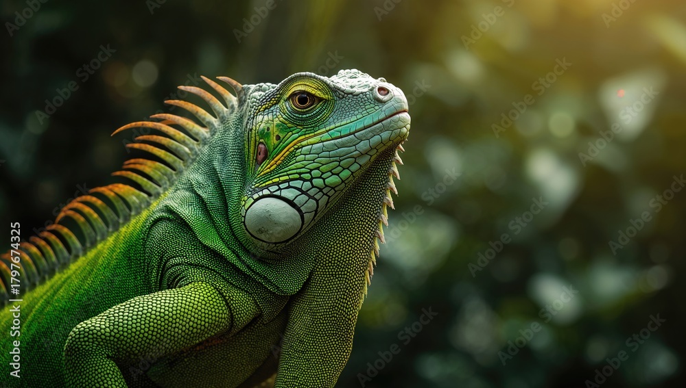 Fototapeta premium Close-up of an Iguana in a lush tropical forest, showcasing vibrant green skin and natural habitat, preservation