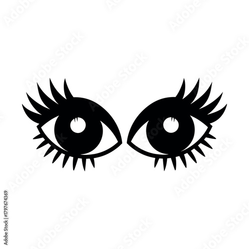Cartoon Eyes with Long Lashes Black and White Vector Illustration
