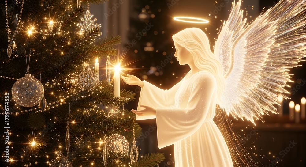 Naklejka premium An ethereal angel with glowing wings stands beside a decorated tree, holding a lit candle softly.