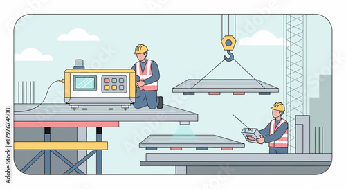 Construction Workers Inspecting Concrete Panels Using High Tech Equipment